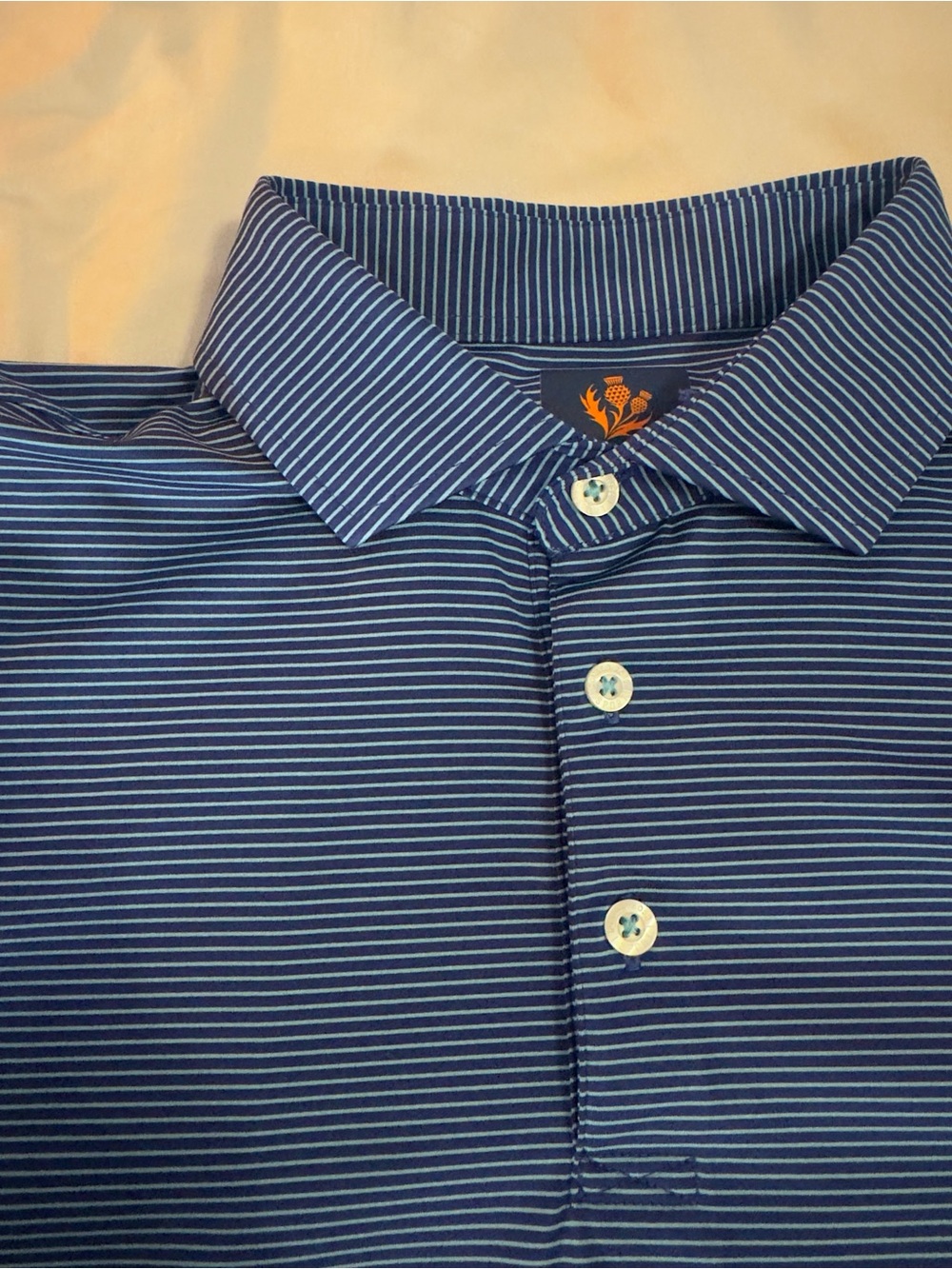 Donald Ross Sport Polo. Size Medium. Navy Stripe. Like New. Stiff Collar.
